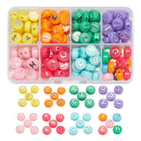 144Pcs 8 Colors Opaque Acrylic Beads, Metal Enlaced, Flat Round with Letter, Mixed Color