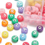 144Pcs 8 Colors Opaque Acrylic Beads, Metal Enlaced, Flat Round with Letter, Mixed Color