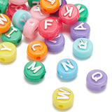 144Pcs 8 Colors Opaque Acrylic Beads, Metal Enlaced, Flat Round with Letter, Mixed Color