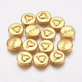 10 Pcs, 13x5mm, Alloy Beads Flat Round with Heart and Word Love Antique Golden