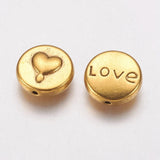 10 Pcs, 13x5mm, Alloy Beads Flat Round with Heart and Word Love Antique Golden