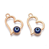 5 Pcs, 21x14x4.5mm, Alloy Heart Pendants, Light Gold with Evil Eye, Dark Blue