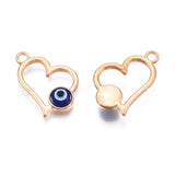 5 Pcs, 21x14x4.5mm, Alloy Heart Pendants, Light Gold with Evil Eye, Dark Blue