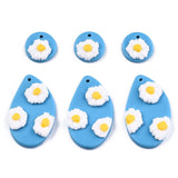 33.5x19.5x5.5mm, Handmade Polymer Clay Charms, Teardrop with Flat Round with Flower, Deep Sky Blue Drop