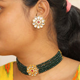 Glass Crystal Beaded Kundan Choker, Bracelet and Earring