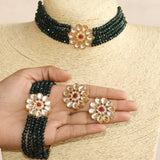 Glass Crystal Beaded Kundan Choker, Bracelet and Earring