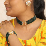 Glass Crystal Beaded Kundan Choker, Bracelet and Earring