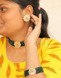 Glass Crystal Beaded Kundan Choker, Bracelet and Earring