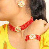 Glass Crystal Beaded Kundan Choker, Bracelet and Earring