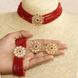 Glass Crystal Beaded Kundan Choker, Bracelet and Earring