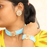 Glass Crystal Beaded Kundan Choker, Bracelet and Earring