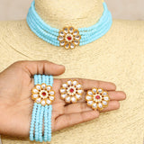 Glass Crystal Beaded Kundan Choker, Bracelet and Earring