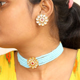 Glass Crystal Beaded Kundan Choker, Bracelet and Earring