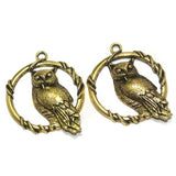 2 Pcs German Silver Golden Owl Pendants 47x37 mm